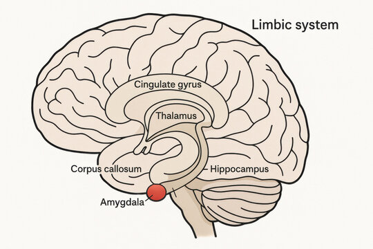 Brain anatomy visual of limbic system, key area for emotion and memory. Clean academic design with focus on amygdala, highlighted for medical study and research