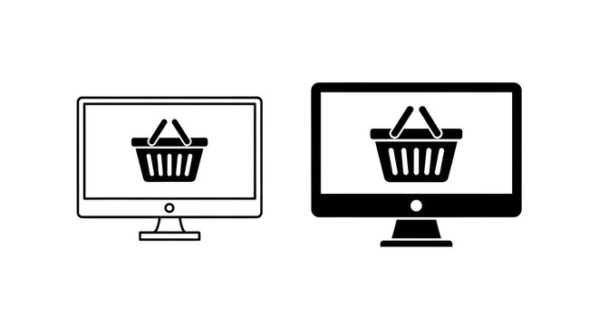Simple ecommerce icons depicting shopping carts on computer monitors, offering a clean and versatile graphic for websites, apps, and marketing materials, with ample copy space.