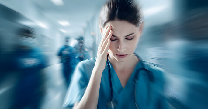 Nurse, woman, and headache in hospital with stress of medical mistakes, overwork, and burnout. Motion blur, healthcare worker, and migraine in busy clinic with fatigue, crisis, and frustration for cha