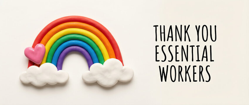 Handmade clay rainbow with heart and message of appreciation for essential workers on a white background.