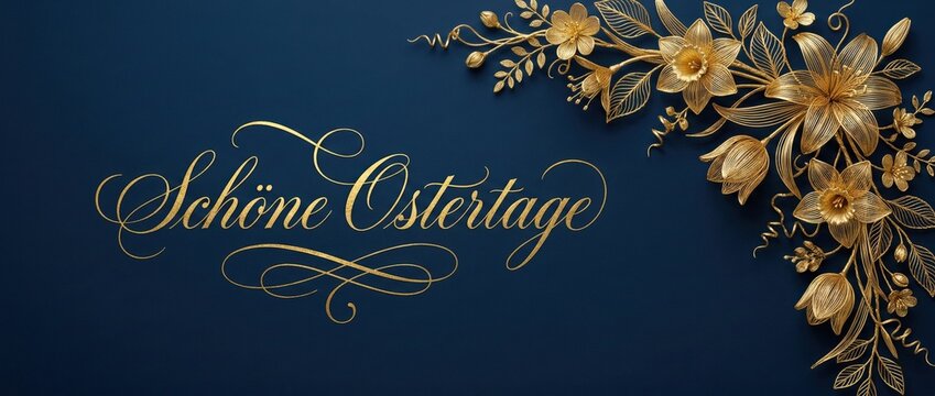Golden floral arrangement with Sch&ouml;ne Ostertage text on dark blue background, elegant Easter greeting card, luxury spring celebration, festive holiday design, ornate decorative elements
