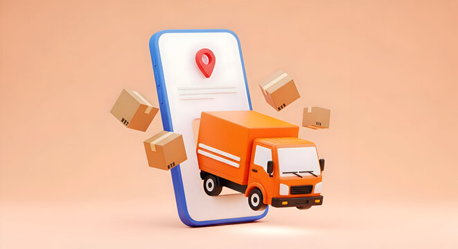 Stylized 3D render of a delivery truck and packages emerging from a smartphone screen, symbolizing modern ecommerce logistics and convenient online shopping, with ample copy space.
