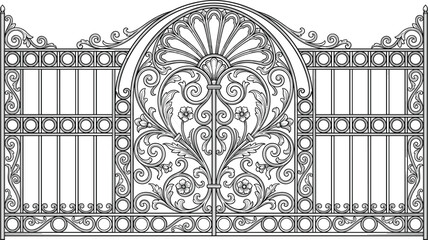 Luxury ornamental wrought iron gate design, vintage decorative metal fence with floral scrollwork, arched frame, circular motifs and intricate detailing © MdRayhan