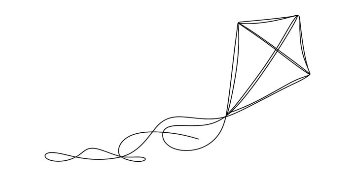 A simple black and white line drawing of a diamond-shaped kite with a long wavy tail. Vector, illustration
