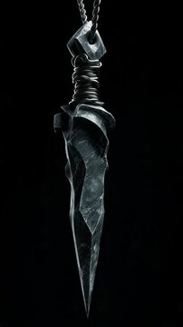 Textured metallic dagger pendant with coiled wire detail against a black background