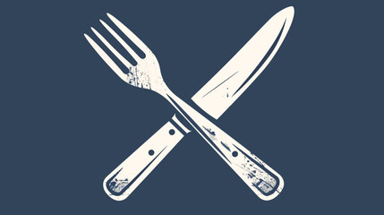 Crossed fork and knife illustration with distressed textured detail on navy background