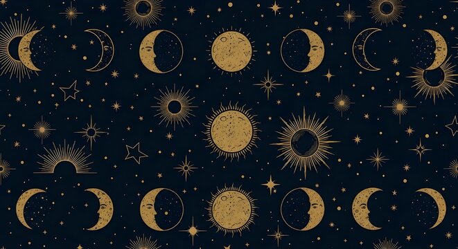 Seamless Celestial Pattern with Gold Moon Phases and Mystic Zodiac Stars