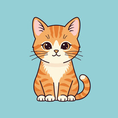 Obraz premium A cute cartoon ginger cat with orange stripes and white chest, sitting and looking forward with big friendly eyes on a light blue background.