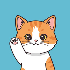 Obraz premium Cute cartoon orange and white cat waving hello with a paw on a vibrant blue background, featuring big expressive eyes.