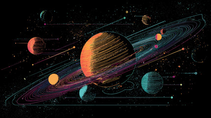 Artistic depiction of colorful planets and rings against a black starry background © Ahmad