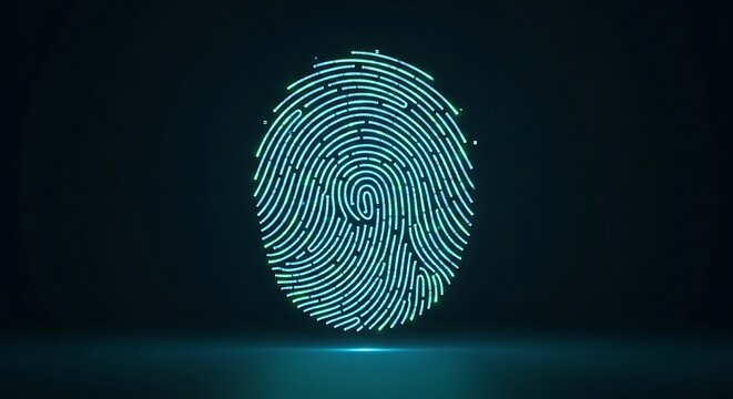 A glowing abstract fingerprint composed of bright turquoise lines on a dark background