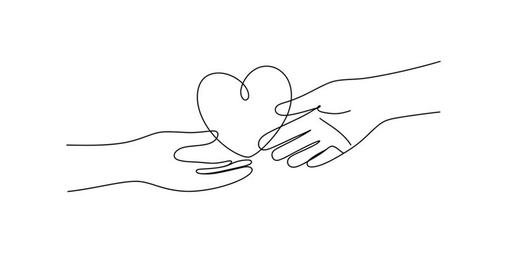 Minimalist sketch of two hands coming together to cradle a heart symbolizing compassion. Vector, illustration