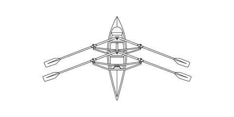 Technical schematic drawing of a double scull rowing boat with oars from a top-down perspective. Vector, illustration © Rimi Kailash Arts