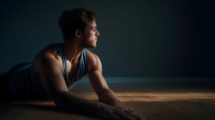 Obraz premium A man in a dramatic yoga pose stretching on a wooden floor with strong side lighting and shadows