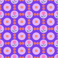 Purple Floral Seamless Pattern with Pink Tulip and Circle Frame Background for Textile Fabric, Cute Wallpaper and Surface Design