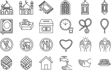 Fototapeta premium PrintIslamic Ramadan Outline Icon Set with Mosque, Prayer Hands, Quran, Lantern, Donation Box, Tasbih, Crescent Moon, and Fasting Symbols