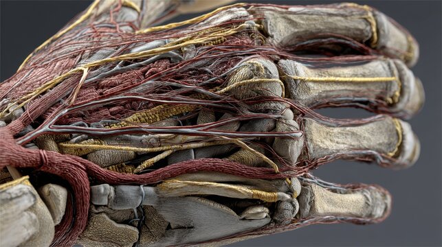 Detailed anatomical depiction of human hand showcasing nerves and muscles in a striking anatomical model for educational purposes