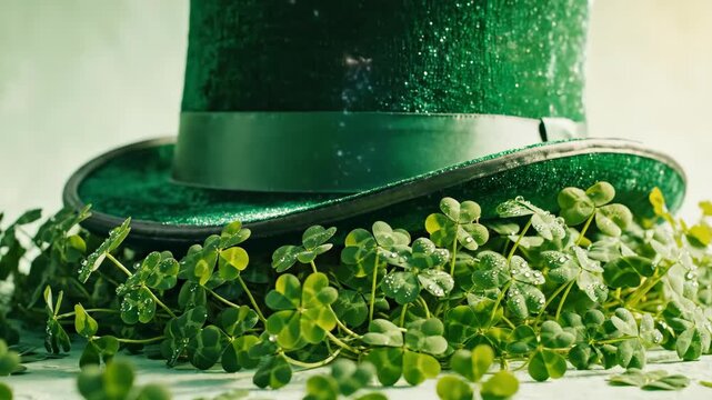 Glittering green top hat surrounded by lucky shamrocks and dewdrops