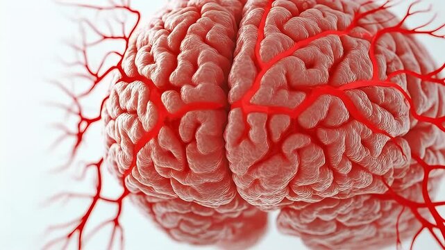 Human brain blood vessel anatomy medical organ nervous system close up detailed texture vascular system red veins soft tissue structure cerebral cortex artery vein biology health science illustration