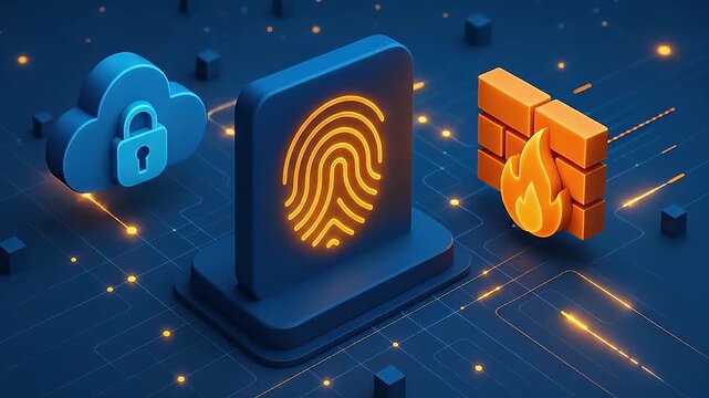Fingerprint security cloud firewall digital technology protection data network cyber glowing icon blue orange lock safety access identification authentication secure privacy system connection