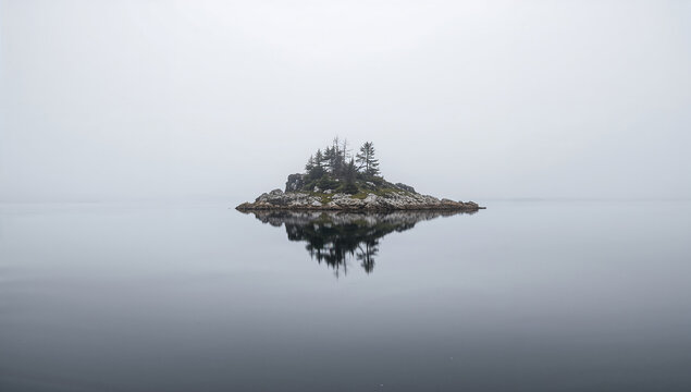 Serene island with trees reflected perfectly in calm, misty water