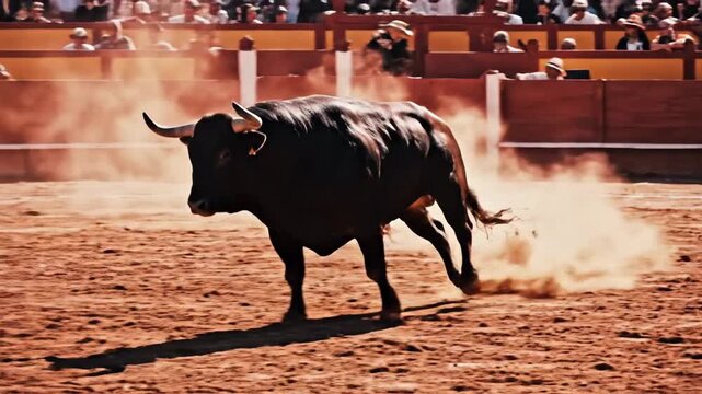 Powerful Bull Charges Through Dusty Arena