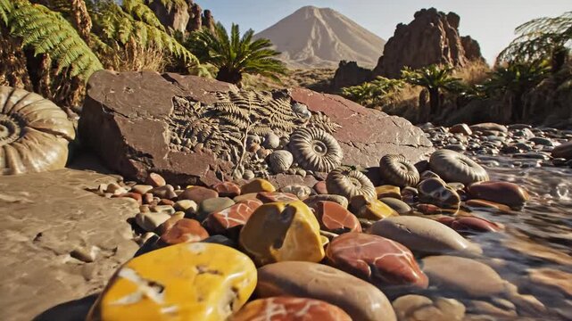 Prehistoric Riverbed With Ammonite Fossils and Volcanic Landscape