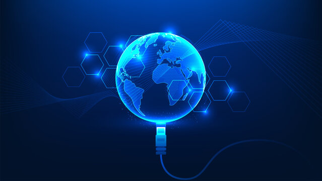 Global technology background Earth connected with LAN cables, symbol worldwide network infrastructure, internet connectivity, data transmission, global communication systems, digital transformation