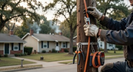 Closeup of aerial telecom cable installation by technician on suburban street utility pole emphasis on hands and equipment soft focus on residential houses behind.