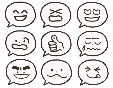 モノクロのシンプル吹き出し表情アイコンセット（9種類）Cute Facial Expression Speech Bubbles