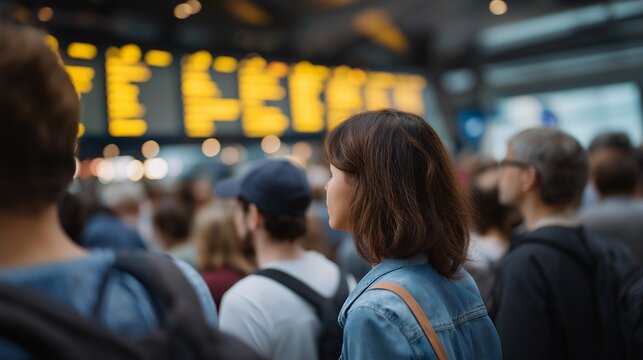 Airline passengers waiting in crowded airport terminal with delayed flight information on departure boards, perfect for travel delay concept, flight disruption, transportation bottleneck, passenger