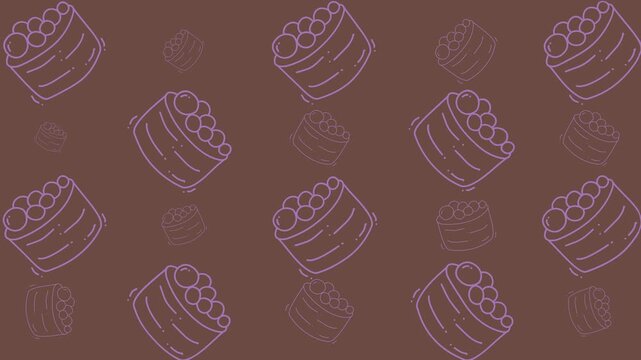 Handdrawn pattern of pink sushi rolls on a brown background. Suitable for menus, food blogs, and asian cuisine designs.
