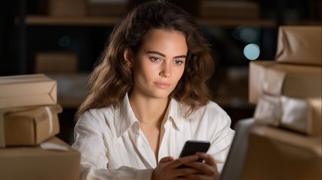Woman obsessively online shopping on multiple devices surrounded by unopened delivery packages, ideal for greed and gluttony sin concept, excessive consumerism, digital addiction, modern society