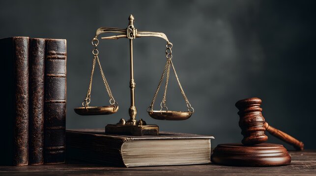 A detailed view of a traditional scale of justice and gavel next to a law book, reflecting the legal profession and court proceedings high resolution photo