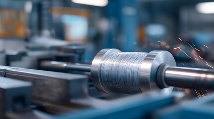Fototapeta premium Industrial wire drawing machine continuously reducing steel rod into precise gauge wire in a metal processing facility, ideal for wire manufacturing, metal drawing technology, automated production,