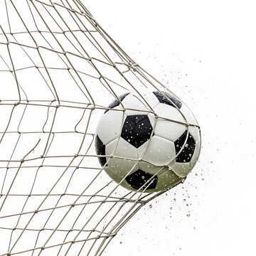 Soccer ball hitting goal net, scoring a goal, action shot, white background