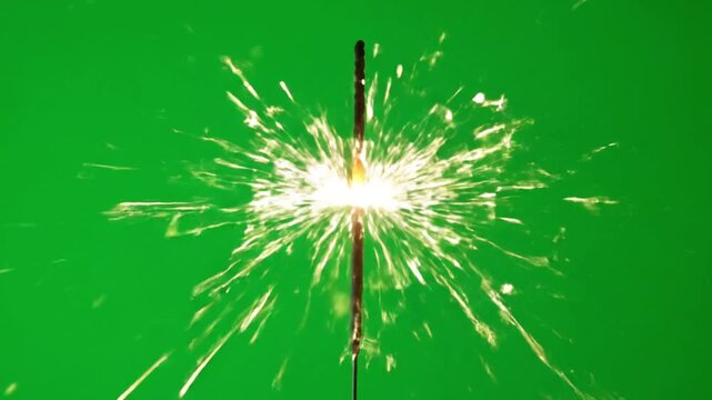 Lit Sparkler Emitting Bright Sparks on Green Background