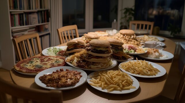 Overloaded dinner table with excessive food portions and empty chairs in a dark dining room, ideal for gluttony concept, excess consumption, food waste awareness, symbolic sin theme, modern