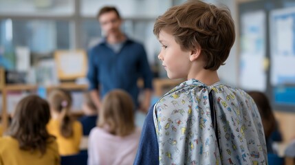 Obraz premium Teacher standing in front of classroom with superhero cape made of colorful children drawings pinned together, perfect for educational hero concept, teacher superpower, everyday inspiration, modern