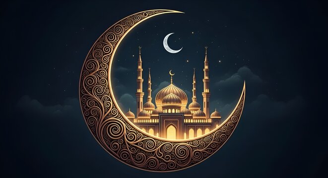 Ramadan kareem and Ramadane mubarak. Shiny Exquisite Crescent Moon With Carved Mosque On Night Background. Generative Ai