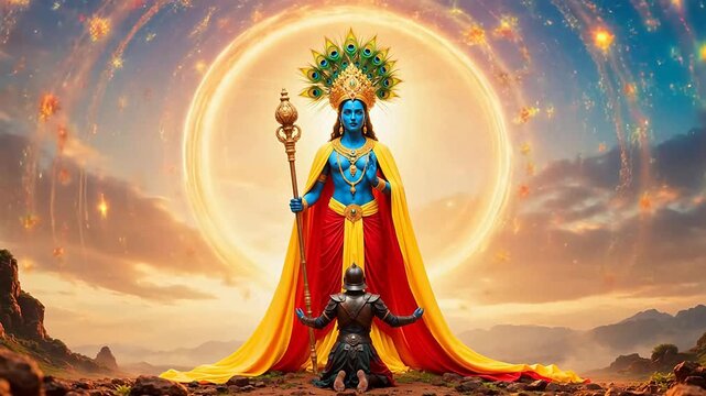 Divine figure with peacock crown and kneeling warrior
