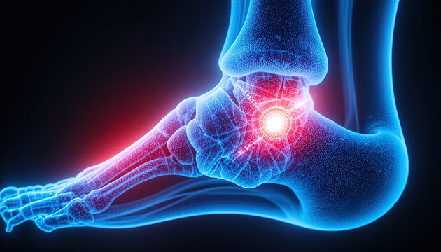 Detailed x ray visualization illustrates painful inflammation located at the ankle and forefoot joints