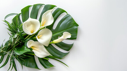 Obraz premium Elegant bouquet of white calla lilies and green monstera leaves on a white background, perfect for lifestyle and floral design.