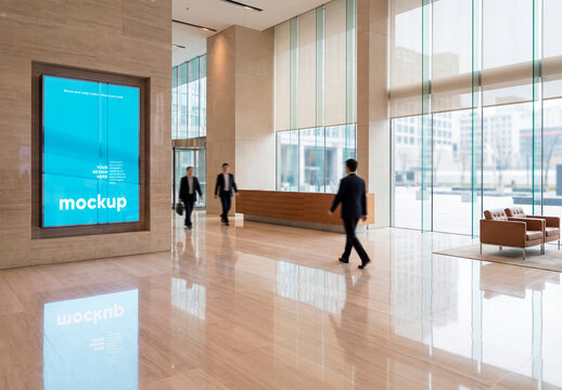 Reflective Billboard Mockup in Modern Office Lobby Hall