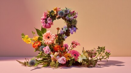 Colorful floral arrangement in the shape of a number two against a pastel background for spring and celebration themes