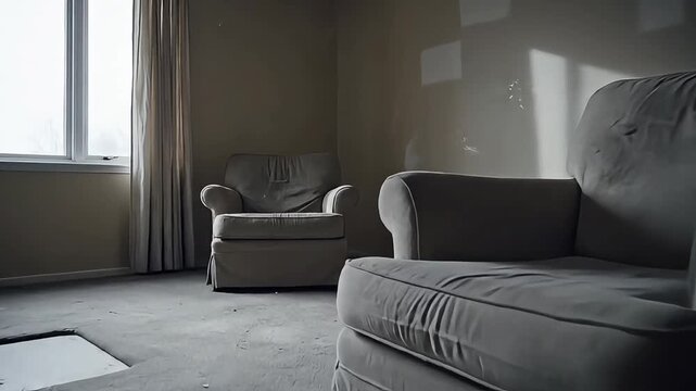 Empty living room symbolizing bankruptcy and business failure, vacant property, 4k resolution, bleak atmosphere, financial ruin, loss