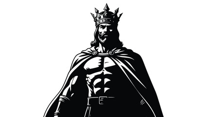 A muscular bearded king wearing a crown and cape stands confidently with a strong facial expression in a black and white illustration © Rahul