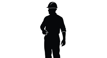 Obraz premium Silhouette of a confident construction worker in a hard hat standing with one hand on hip against a plain white background