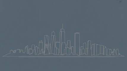 Fototapeta premium line art vector illustration of a modern city skyline at dusk, simple outlines, minimal details, two-tone palette (dark blue, light grey), clean and elegant, scalable vector design