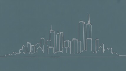 Fototapeta premium line art vector illustration of a modern city skyline at dusk, simple outlines, minimal details, two-tone palette (dark blue, light grey), clean and elegant, scalable vector design
